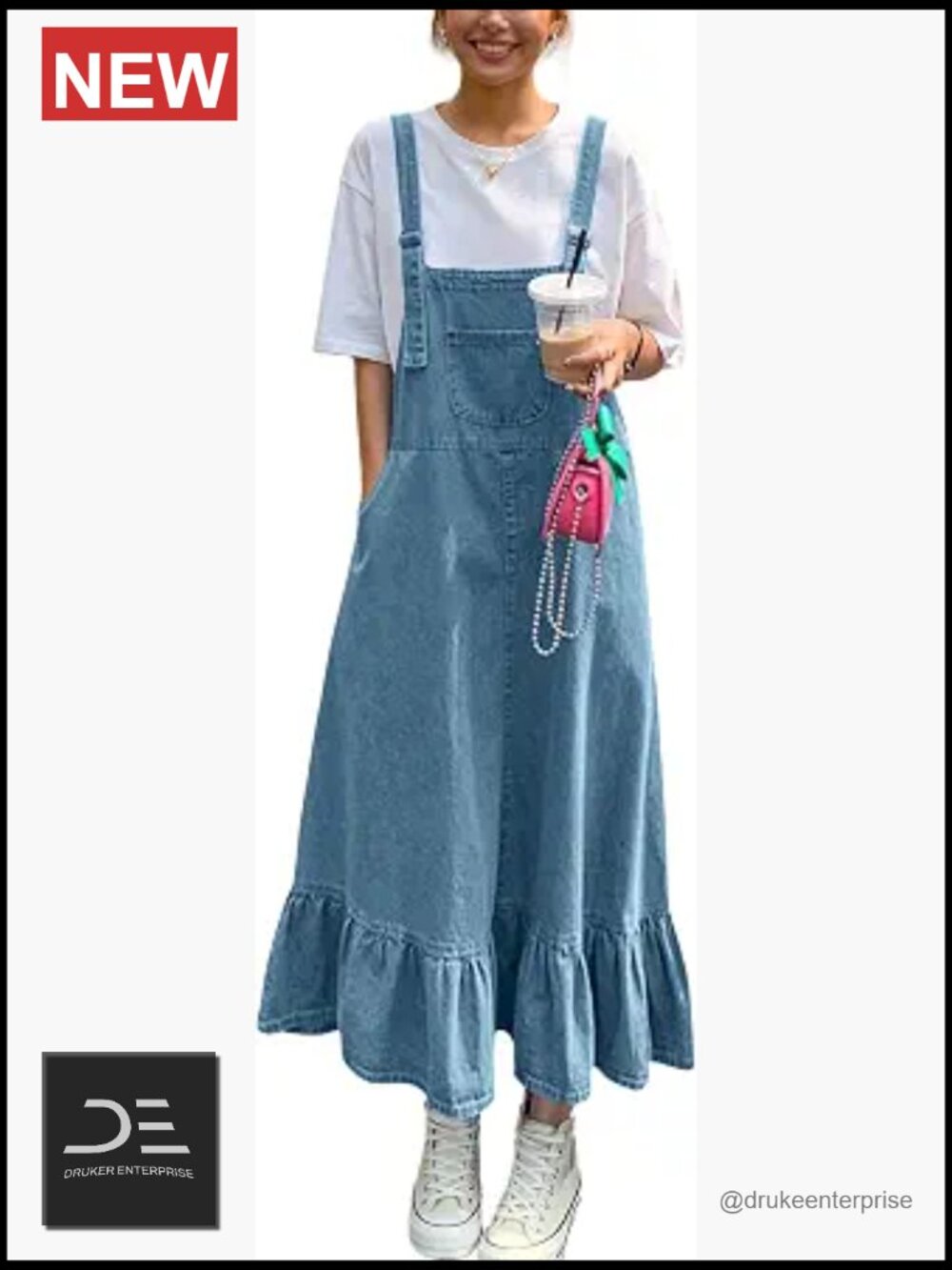Y2K Cute Ruffle Denim Overall Dress Flared Maxi Bib Jumper Dress